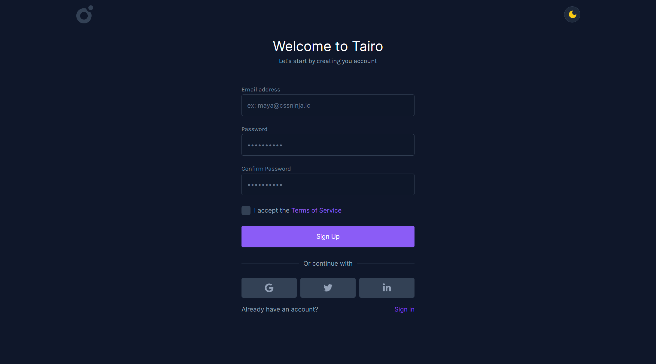 Tairo - Signup 2