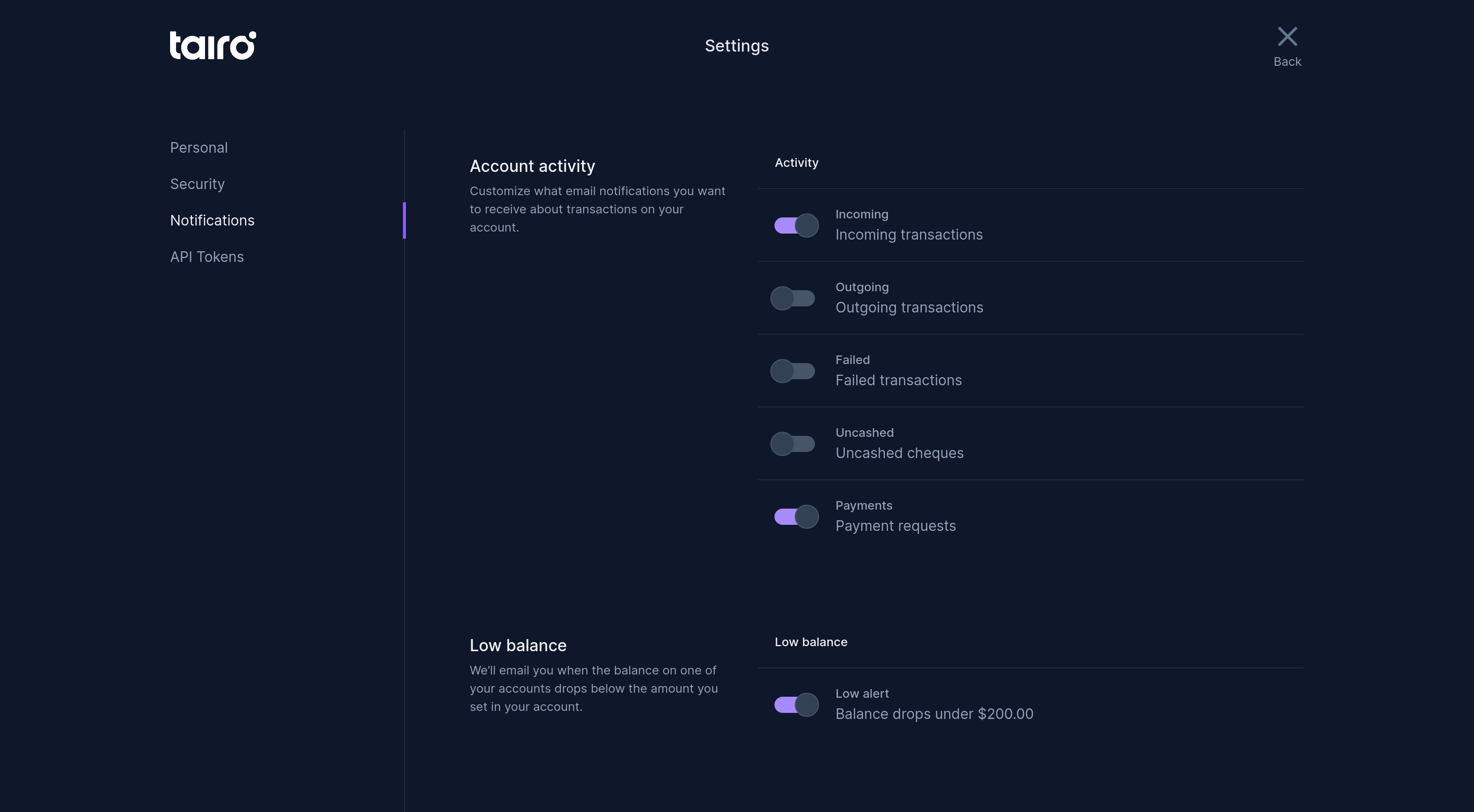 Tairo - Notifications